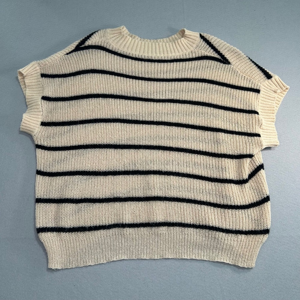 Unbranded Striped Sweater Womens XL Cream Black Knit Crew‎ Neck Short Sleeve